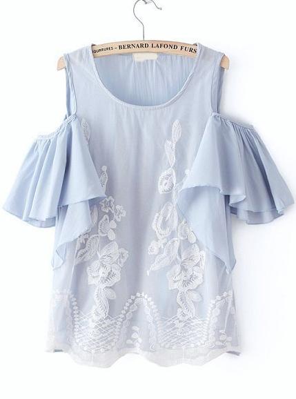 Romwe Blue Off The Shoulder Ruffle Lace Blouse