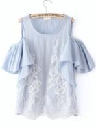 Romwe Blue Off The Shoulder Ruffle Lace Blouse