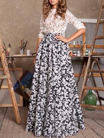 Romwe Round Neck Hollow Vintage Flower Print Dress