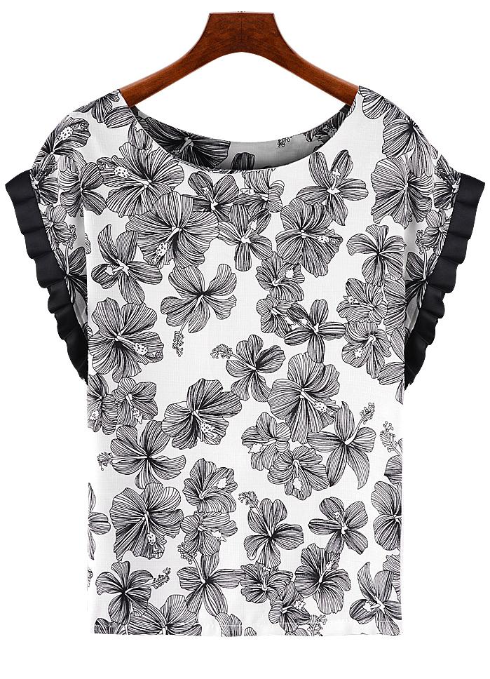 Romwe Fungus Bat Sleeve Flower Print Black Top