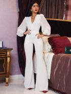 Romwe Plunging Pearl Embellished Lantern Sleeve Flared Jumpsuit