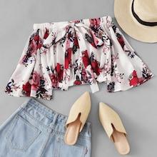 Romwe Floral Print Tie Neck Off The Shoulder Blouse