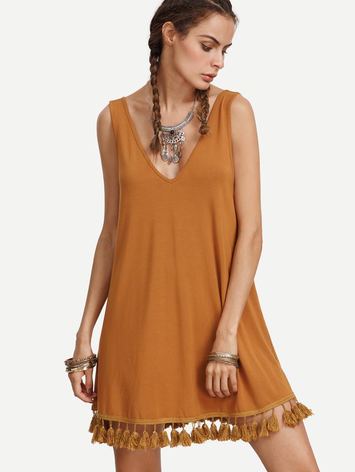 Romwe Brown V Neck Tassel Hem Sleeveless Dress