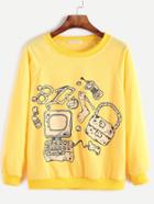 Romwe Yellow Cartoon Print Raglan Sleeve Sweatshirt