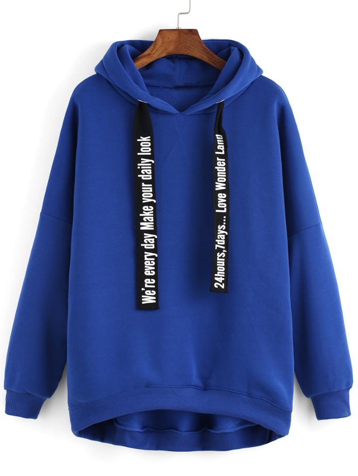 Romwe Hooded Letter Print Dip Hem Sweatshirt