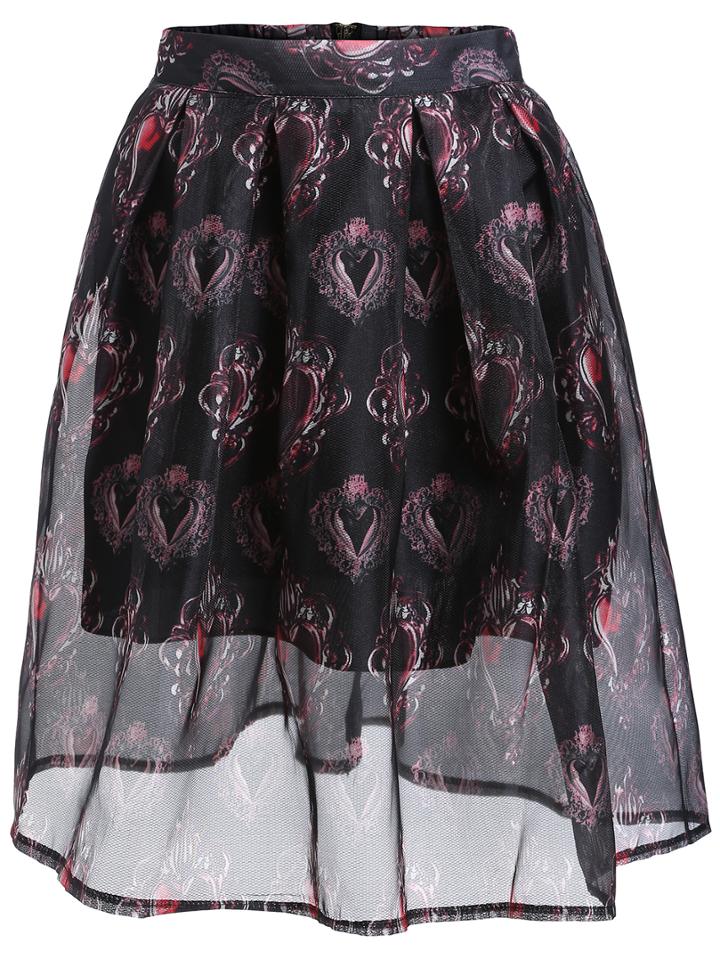 Romwe Print Mesh Flare Skirt