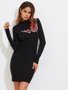 Romwe Embroidered Rose Applique Rib Knit Dress