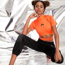 Romwe Neon Orange Moon Print Cut Out High Neck Tee