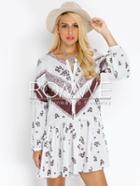 Romwe White Challis Long Sleeve Vintage Print Dress