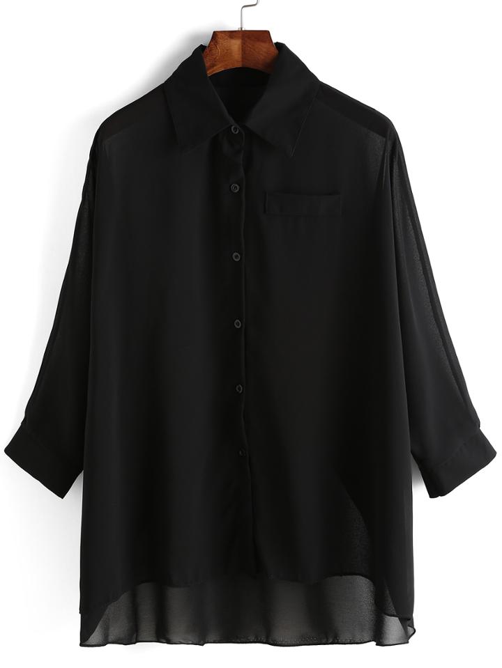 Romwe High Low Chiffon Black Blouse