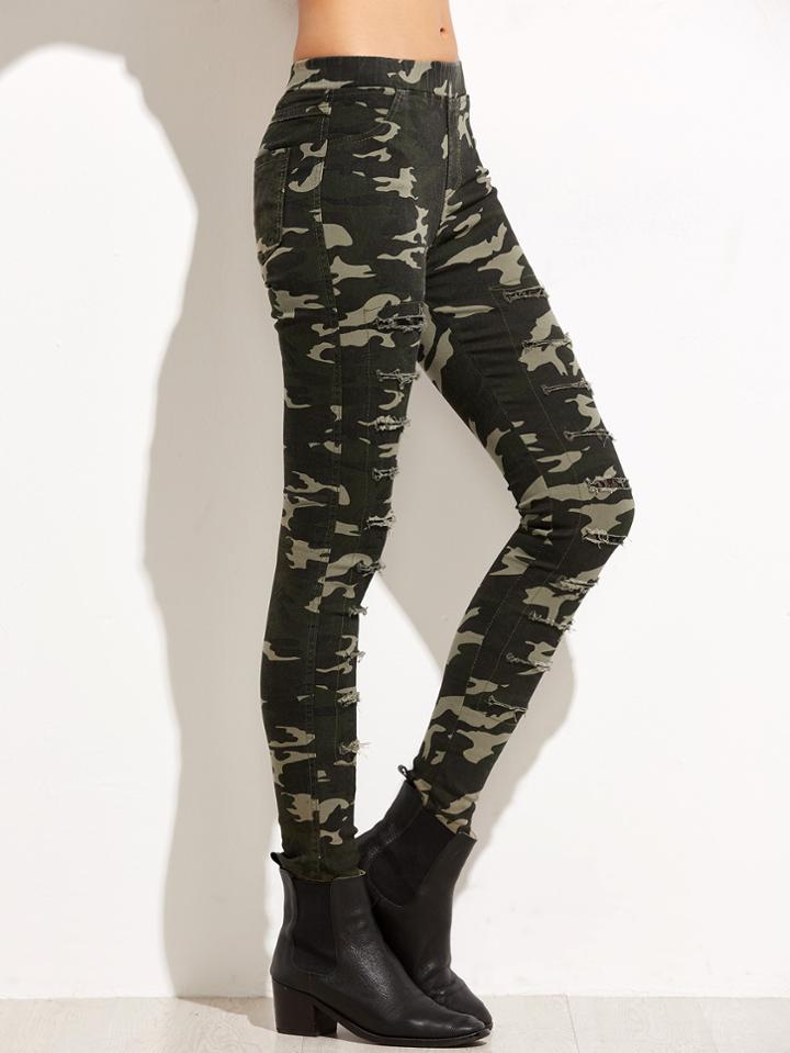 Romwe Camo Print Rip Patch Skinny Pants