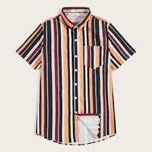 Romwe Guys Vertical Striped Curved Hem Shirt