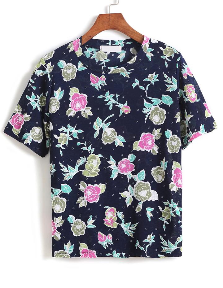 Romwe Round Neck Rose Print T-shirt