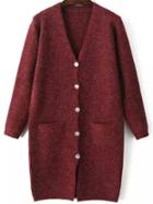Romwe Long Sleeve Buttons Pockets Wine Red Coat
