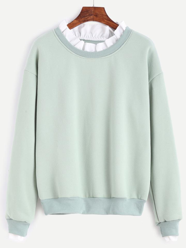 Romwe Pale Green Dropped Shoulder Seam Contrast Ruffle Neck Sweatshirt