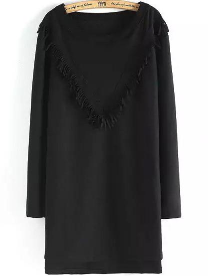 Romwe Round Neck Tassel Straight Black Dress
