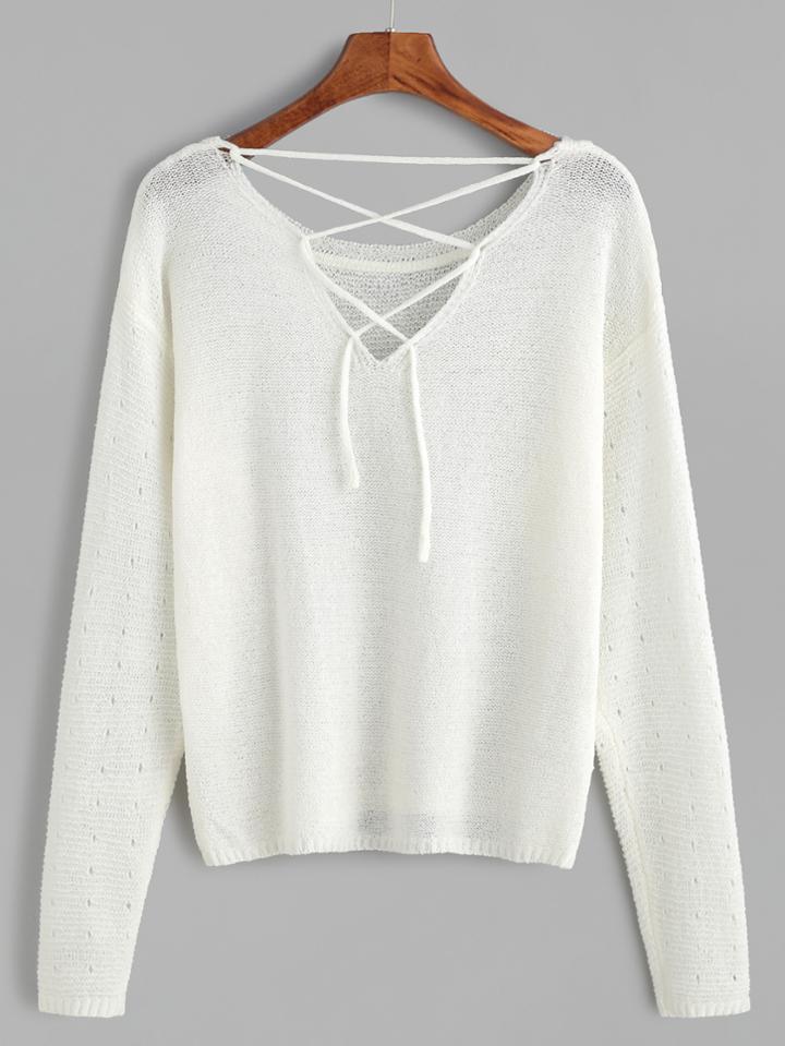 Romwe White Criss Cross Back Eyelet Sweater