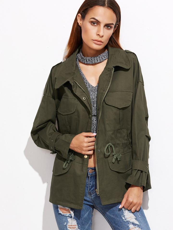 Romwe Army Green Drop Shoulder Drawstring Waist Utility Coat