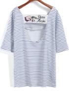 Romwe Blue Short Sleeve Striped Hand Embroidered T-shirt