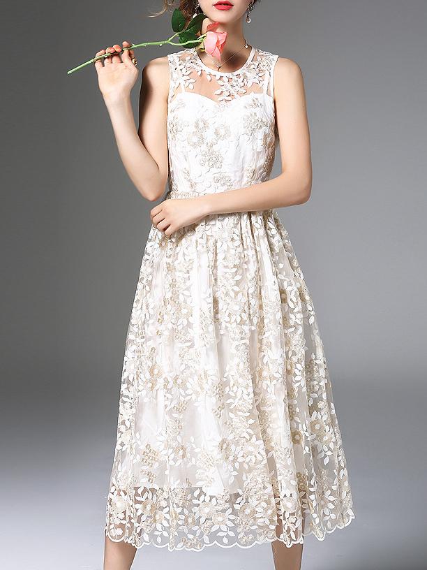 Romwe Aprioct Gauze Embroidered A-line Dress