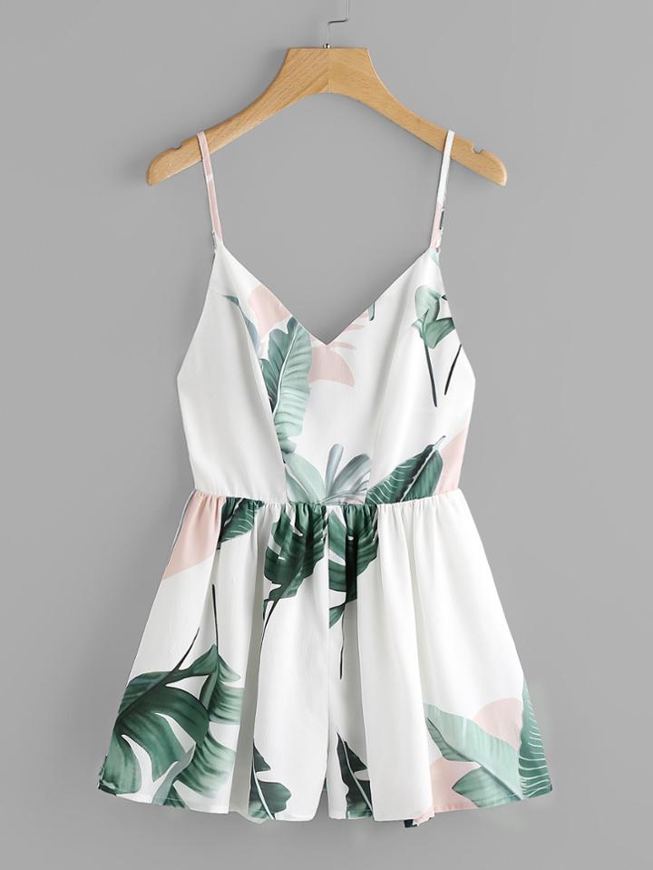 Romwe Jungle Leaf Print Crisscross Back Princess Seam Playsuit