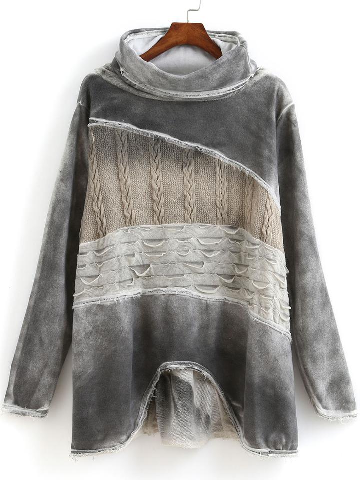 Romwe Grey High Neck Long Sleeve Fringe Sweatshirt