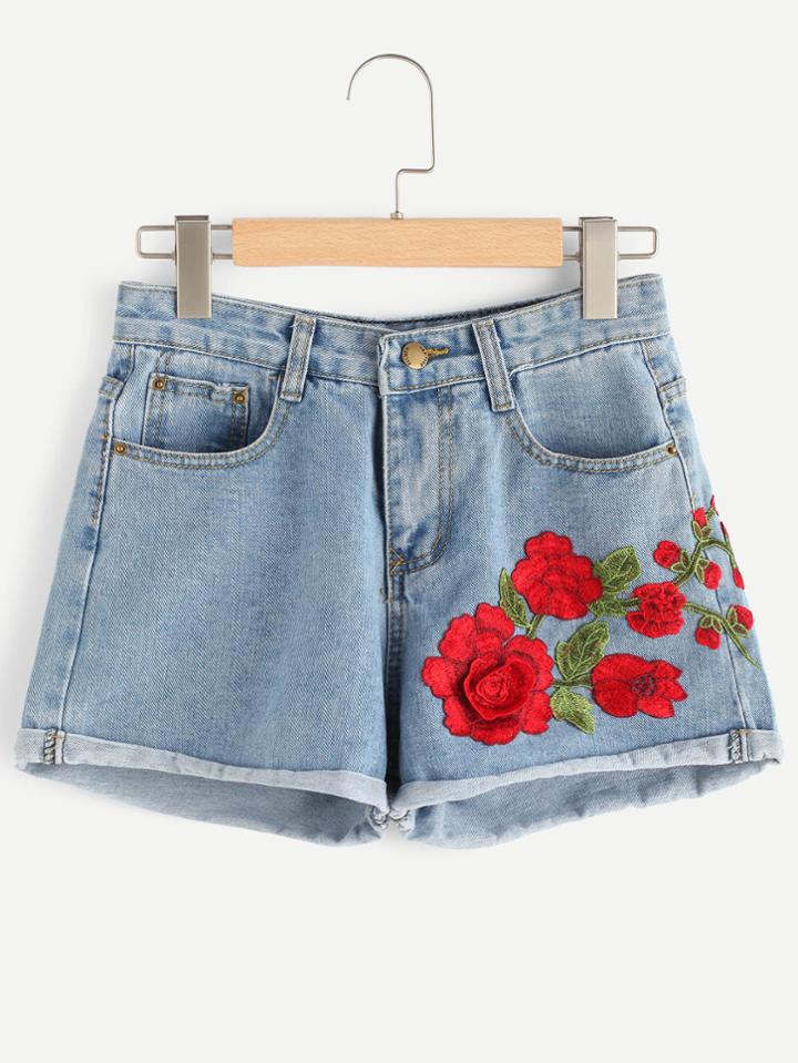 Romwe Cuffed Appliques Denim Shorts