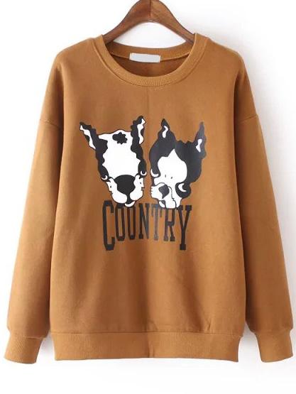 Romwe Dog Print Thicken Long Khaki Sweatshirt