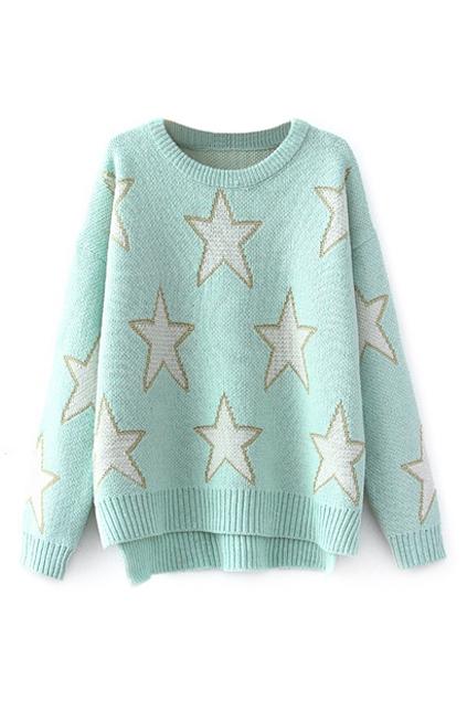 Romwe Star Knitted Asymmetric Light-green Jumper