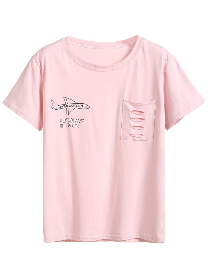 Romwe Pink Airplane Print Ripped Pocket T-shirt