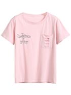 Romwe Pink Airplane Print Ripped Pocket T-shirt