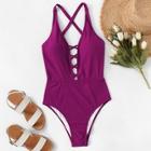 Romwe Criss Cross Ruched Backless One Piece Swimsuit