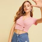 Romwe Button Detail V-neck Solid Crop Tee