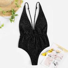 Romwe Plunging Neck Glitter One Piece Swimsuit