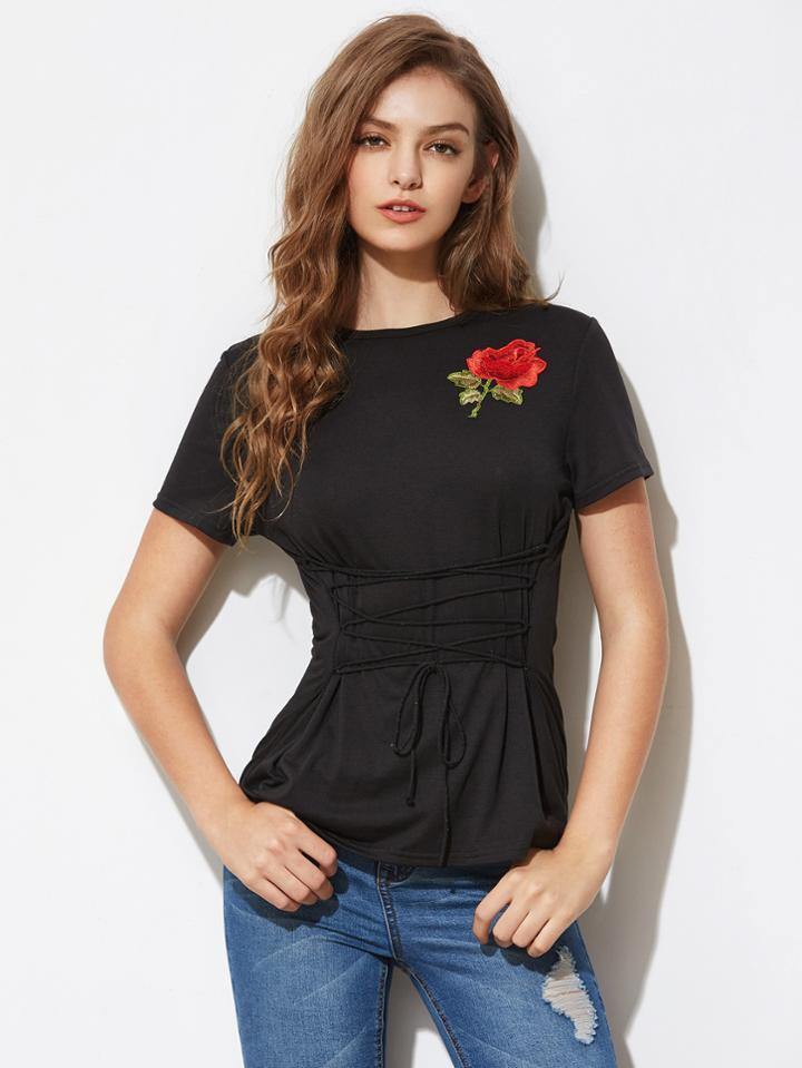 Romwe Embroidered Rose Patch Lace Up Form Fitting T-shirt