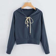 Romwe Lace Up Solid Hooded Sweatshirt