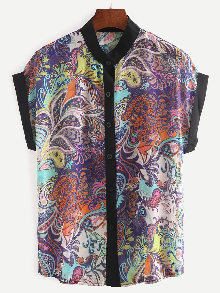 Romwe Contrast Trim Multicolor Paisley Print Blouse