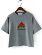 Romwe Watermelon Embroidered Loose Grey T-shirt