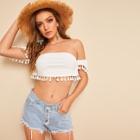 Romwe Tassel Detail Off The Shoulder Ribbed Top