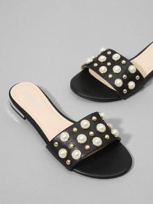 Romwe Faux Pearl & Studded Flat Slides