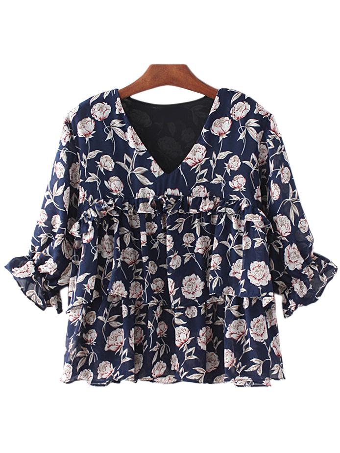 Romwe Navy Half Sleeve Ruffle Flowers Printing Blouse