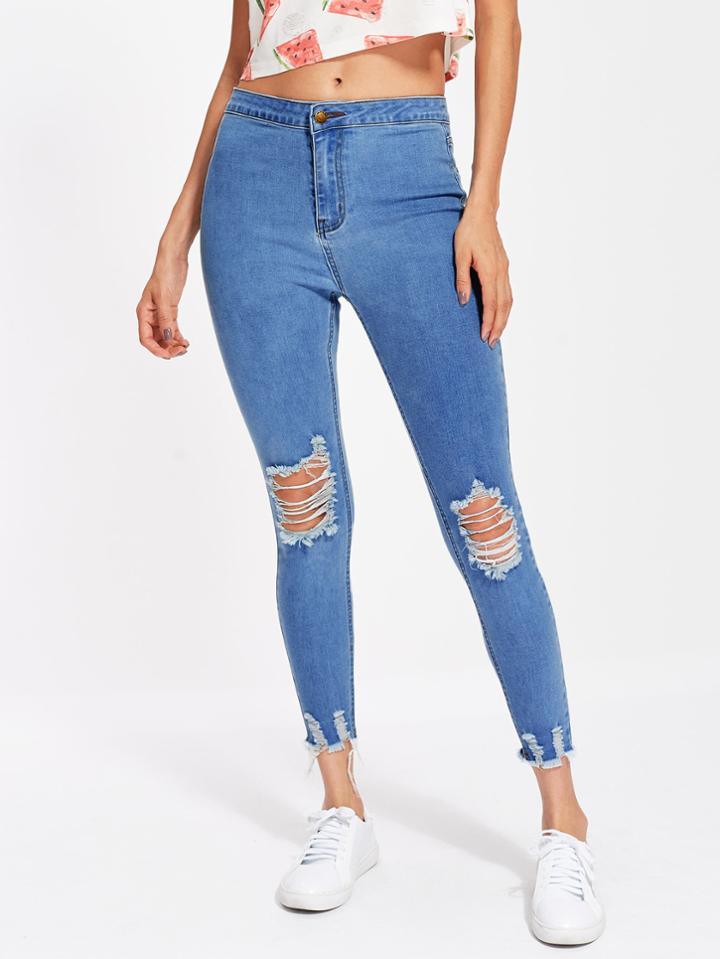 Romwe Raw Cut Hem Shredded Jeans