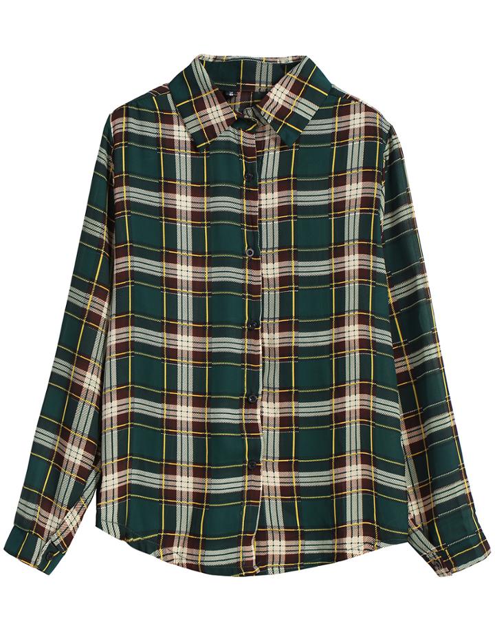 Romwe Check Print Chiffon Green Blouse