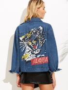Romwe Blue Tiger Print Raglan Sleeve Denim Jacket