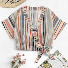 Romwe Knot Side Colorful Striped Top