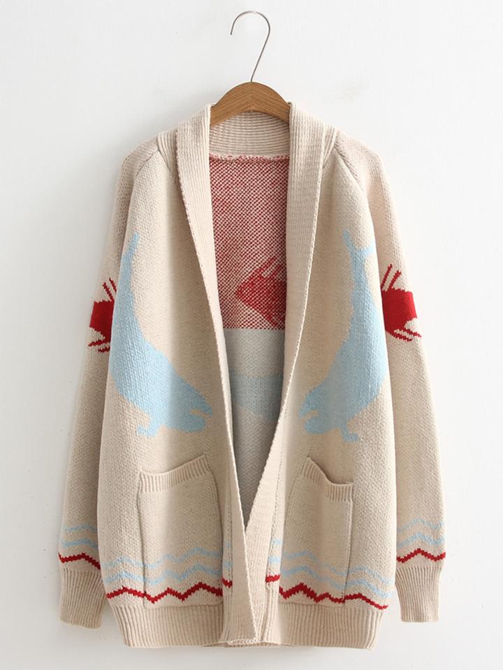Romwe Fish Pattern Shawl Collar Cardigan