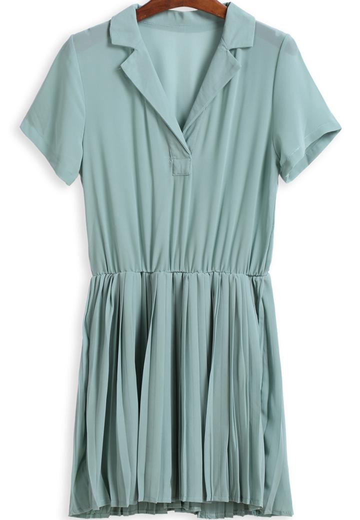 Romwe Green Lapel Short Sleeve Pleated Chiffon Dress