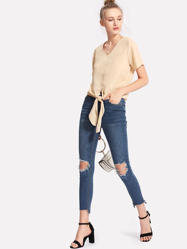 Romwe Knot Hem V Neck Tee