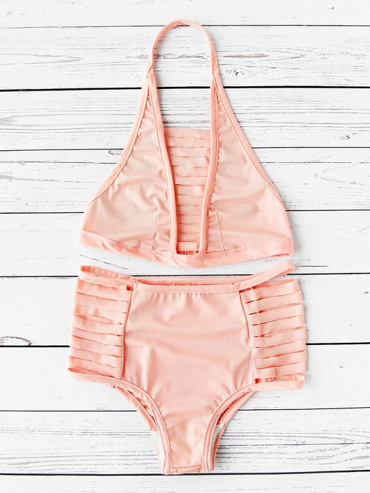 Romwe Ladder Cutout High Waist Halter Bikini Set