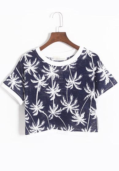Romwe Coconut Trees Print Crop Blue T-shirt